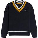 fred perry mens contrast stripes ribbed knit v neck jumper navy
