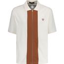 fred perry mens zip through contrast panel pique polo tshirt ecru cinnamon