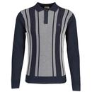 Gabicci Vintage Dante Mod Textured Stripe Knitted Polo Shirt in Navy V53GM04