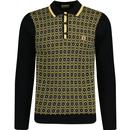 gabicci vintage mens ernest geometric patter long sleeve fine knit polo top black yellow