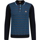 gabicci vintage mens ernest geometric patter long sleeve fine knit polo top navy blue