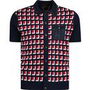 gabicci vintage mens gosling jacquard pattern knitted button through polo tshirt navy red