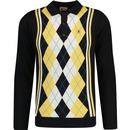 gabicci vintage mens humphrey argyle pattern long sleeve fine knit polo top black yellow