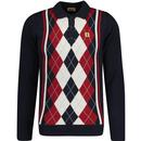 gabicci vintage mens humphrey argyle pattern long sleeve fine knit polo top navy red