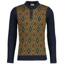 Gabicci Tanner 60s Mod Argyle Knitted Polo Shirt in Navy V51GM08