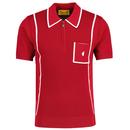 Gabicci Vintage Alfeo Textured Knit Stripe Panel Tipped Zip Polo Shirt in Cherry front photo