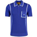 Gabicci Vintage Alfeo Textured Knit Stripe Panel Zip Polo Shirt in Sapphire front photo