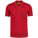 Gabicci Vintage Alexander Mod Check Tipped Knitted Polo Shirt in Cherry pictured from front