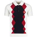 Gabicci Vintage Bond Argyle Knitted Panel Polo Shirt in White pictured from front