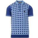 Gabicci Vintage Borgnine Retro 60s Mod Check Knitted Polo Shirt in Pacific