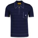 Gabicci Vintage Chris Dot Stripe Knitted Zip Neck Polo Shirt in Navy pictured from front