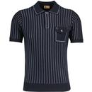 Gabicci Vintage Danny Men's Mod Pinstripe Knit Polo Shirt Navy pictured from front