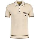 Gabicci Vintage Dario Tonal Textured Check Knitted Polo Shirt in Cream pictured from front