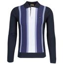 Gabicci Vintage Fiennes Mod Knitted Stripe Polo Shirt in Navy