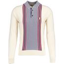 Gabicci Vintage Haddon Mod Checkerboard Stripe Knit Polo Shirt in Cream