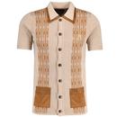 Gabicci Vintage Idol 70s Mod Jacquard Knitted Button Through Polo Shirt in Granola