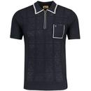Gabicci Vintage Marr Textured Tipped Knitted Polo Shirt in Navy pictured from front