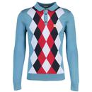 Gabicci Pablo Mod Argyle Knitted Polo Shirt in Teal V53GM02