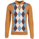 Gabicci Vintage Pablo Retro Argyle Knit Polo Shirt in Walnut