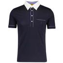 Gabicci Vintage Patrick Mod Gingham Trim Contrast Collar Pocket Polo Shirt in Navy