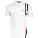 Gabicci Vintage Patrick Mod Racing Stripe Polo Shirt in White pictured from front