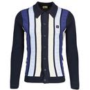 Gabicci Vintage Pedro Cable Knit Stripe Knitted Polo Shirt in Navy