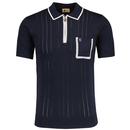 Gabicci Vintage Pierre Pointelle Dash Knit Zip Neck Polo Shirt in Navy  