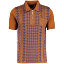 Gabicci Vintage Roberto Zip Neck Alcantara Trim Knitted Dogtooth Polo Shirt in Toffee V51GM21