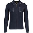 Gabicci Vintage Serge Knitted Dash Stripe polo Cardigan in Navy