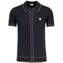 Gabicci Vintage Shaun Mod Textured Diamond Knitted Tipped Polo Shirt in Navy