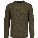 gloverall mens british merino wool aran knit crew neck jumper army green