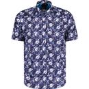 guide london mens retro bold floral print short sleeve cotton satin shirt navy