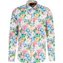 guide london mens retro vibrant flower print long sleeve premium cotton shirt white blue