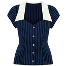 Hell Bunny Costello Retro Collared Pinstripe Blouse Top in Navy H60345 