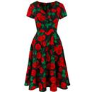 Hell Bunny Dolce Vita Retro 50s Rose Print Circle Flared Doll Dress in Black/Red H40453