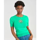 Hell Bunny Retro 60s 70s Flower Power Cut Out T-Shirt Top in Green