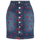 Hell Bunny Retro Strawberry Embroidered Denim Mini Skirt