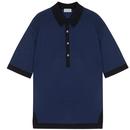 John Smedley Baseford Made in England Two Tone Welted Knit Polo Shirt in French Navy