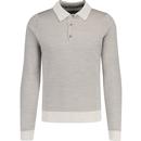 John Smedley Acaster Made in England Micro Jacquard 60s Mod Knitted Polo Shirt in Grey Fleece and Mushroom