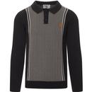 lambretta mens jacquard pattern front panel long sleeve knitted polo top navy