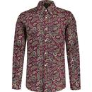 lambretta mens retro 60s paisley print button down long sleeve shirt burgundy