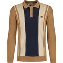 lambrett mens long sleeve vintage vertical panels polo top tobacco brown