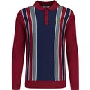 lambretta mens striped knitted long sleeve polo top burgundy