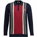 Lambretta Men's Retro 60s Mod Knitted Long Sleeve Stripe Panel Polo Shirt in Navy and Red