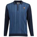 Lambretta 60s Mod Check Stripe Knitted Zip Neck Polo Shirt in Navy