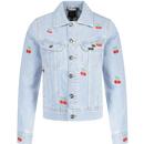 lee jeans womens rider retro cherry embroidery pattern denim trucker jacket washed light blue