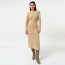 Louche Guila Eyelash Rib Long Sleeve Knit Midi Dress in Beige
