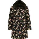 louche womens dryden tweet bird jacquard pattern faux fur collar coat black