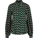 louche womens retro cubes pattern button front long sleeve blouse green black