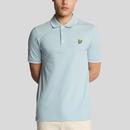 Model wearing Lyle & Scott Retro Mod Tipped Pique Polo Shirt in Freshwater Blue